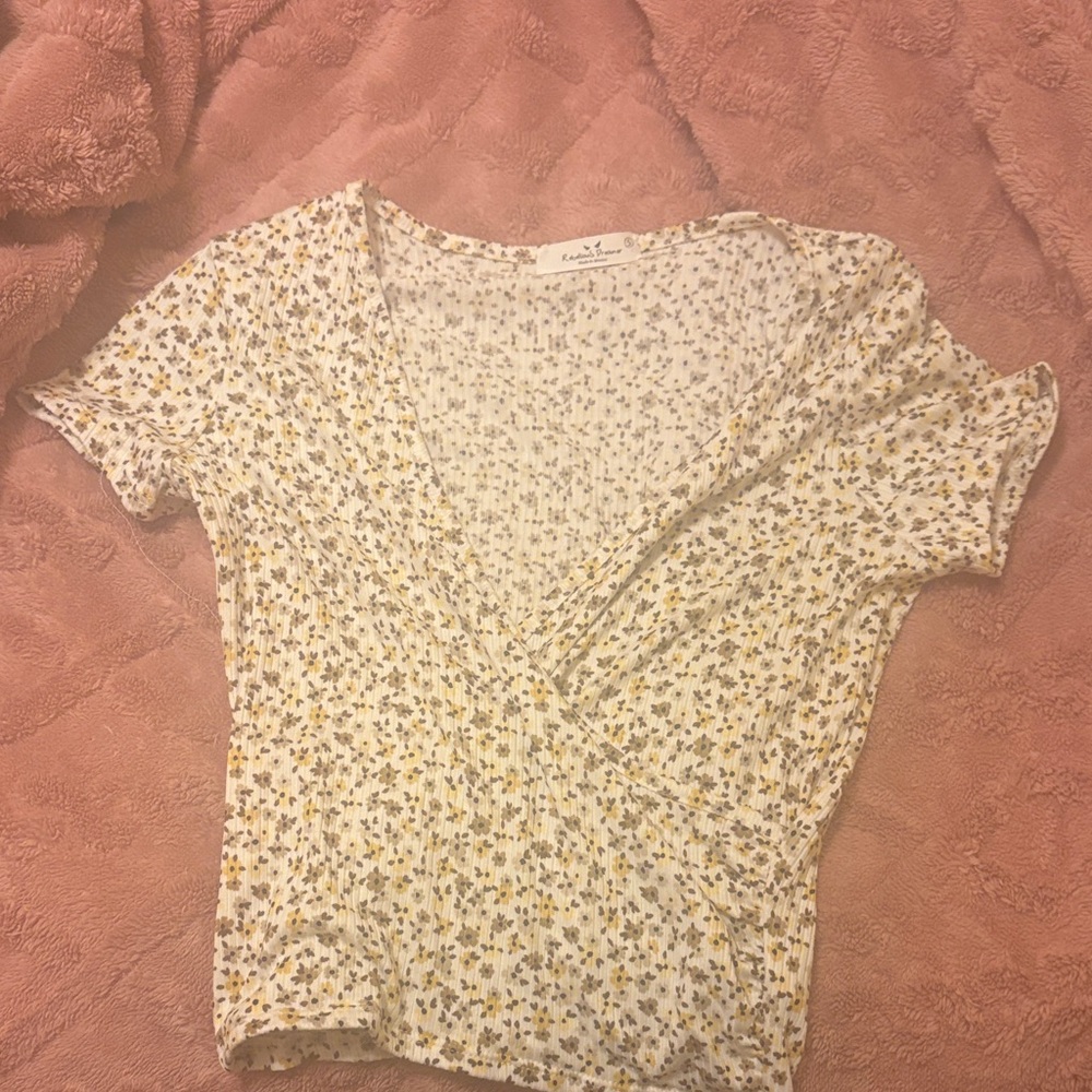 Women's White Floral Wrap Top - Yellow Ditsy Print